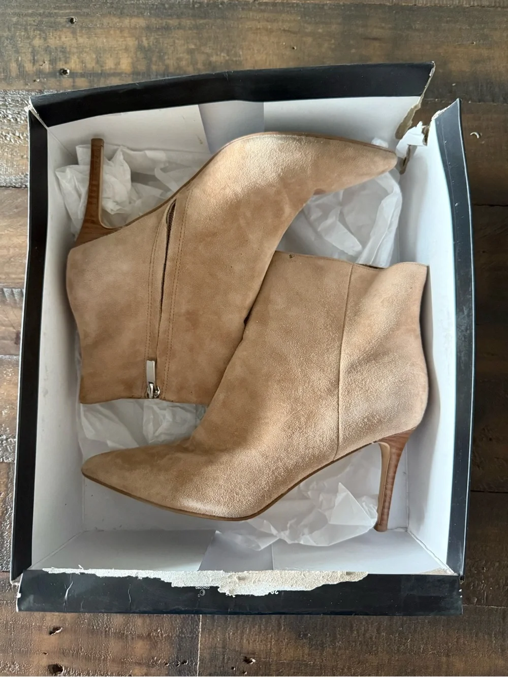 Nine West Fhayla Pointy Toe Booties - Light Natural Suede - Sz 6